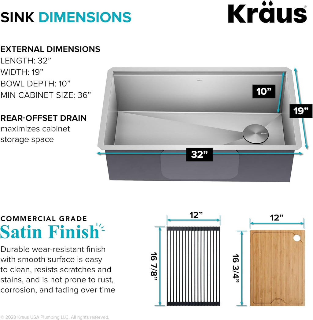 Kore 32-Inch Undermount Workstation 16 Gauge Single Bowl Stainless Steel Kitchen Sink with Accessories, KWU110-32