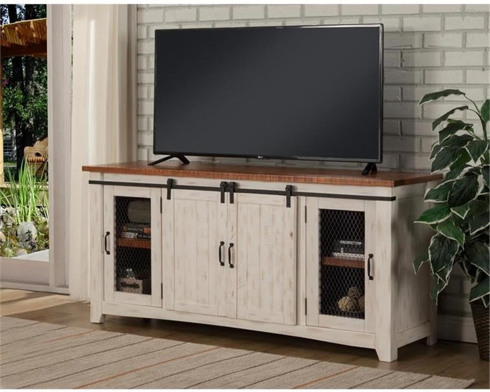 Martin Svensson Home 65" Solid Pine Wood Entertainment Center with Storage. Rustic TV Stand for Tvs up to 70." Sliding Doors, Adjustable Shelves & Cable Management – White and Honey Finish