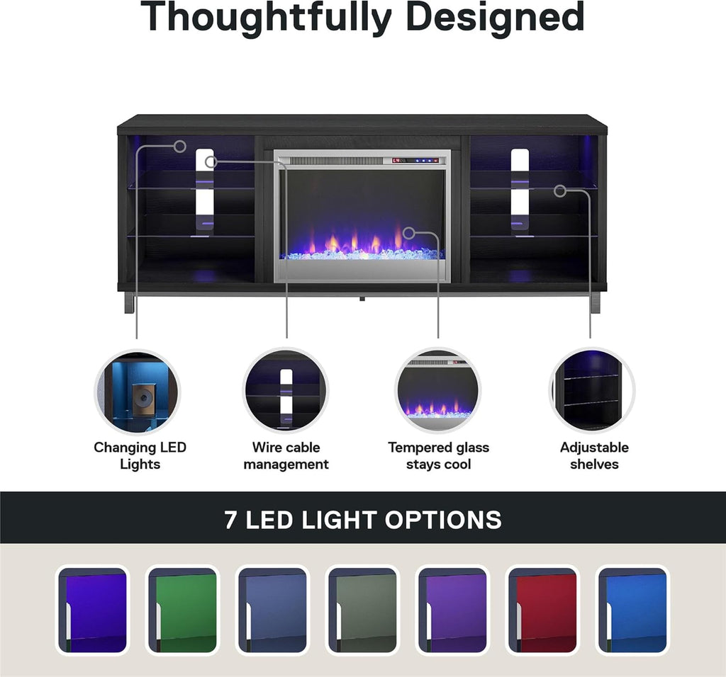 Lumina Fireplace TV Stand, Black Oak, Holds Tvs up to 70", Modern Entertainment Center with RGB LED Lights