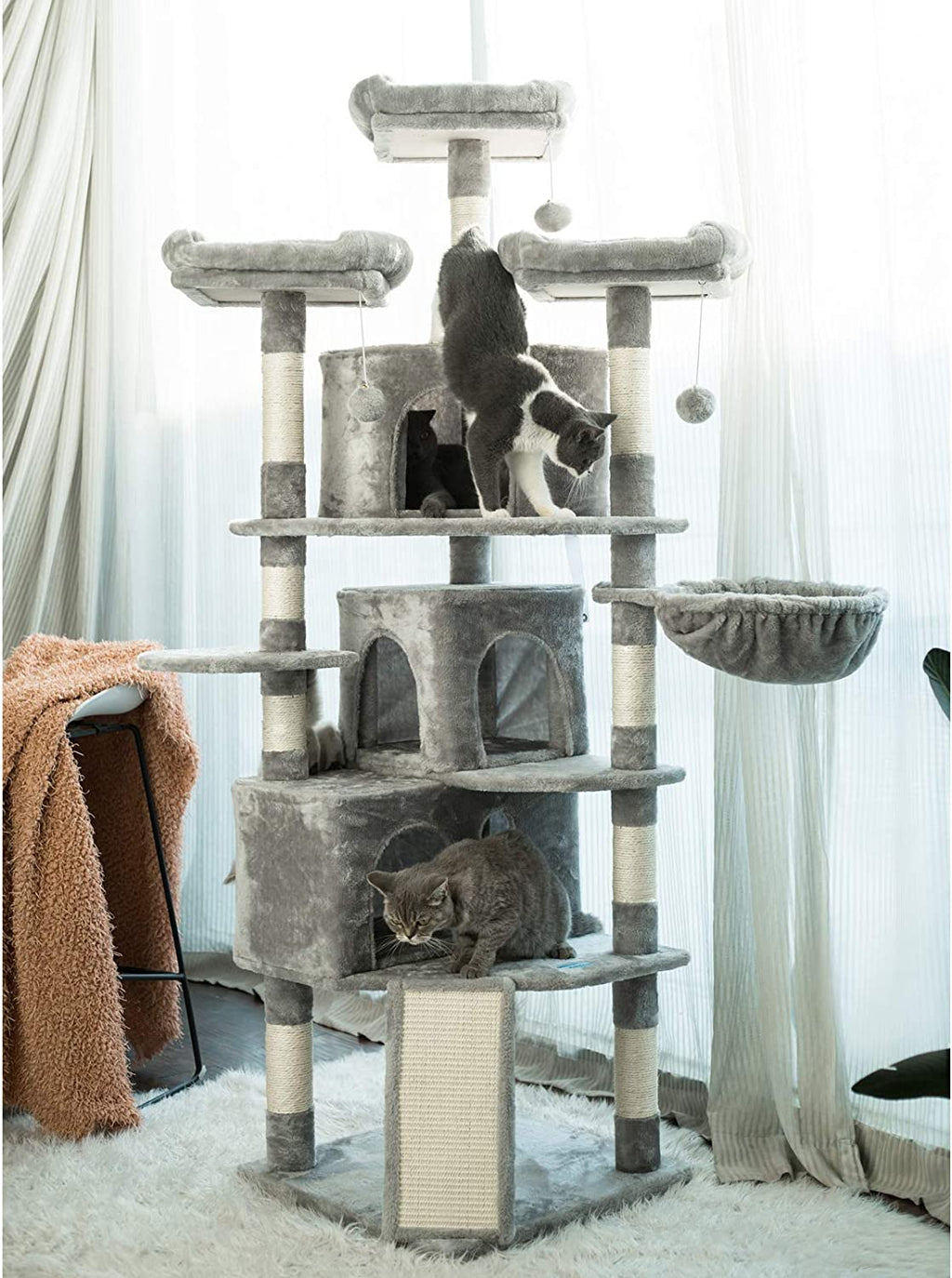 XL Size Cat Tree, 73.4 Inch Cat Tower with 3 Caves, 3 Cozy Perches, Scratching Posts, Board, Activity Center Stable for Kitten/Gig Cat, Light Gray MPJ032W
