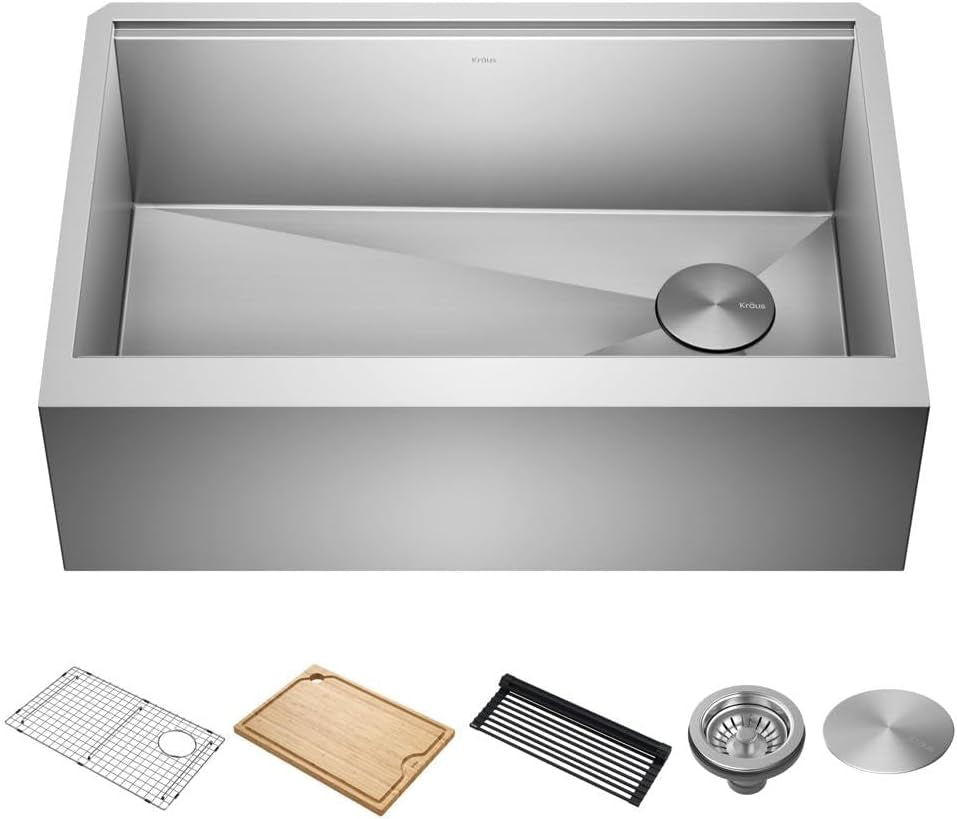 Kore 30-Inch Farmhouse Workstation with in Sink Dish Drying Rack, Stainless Steel Kitchen Sink, KWF410-30