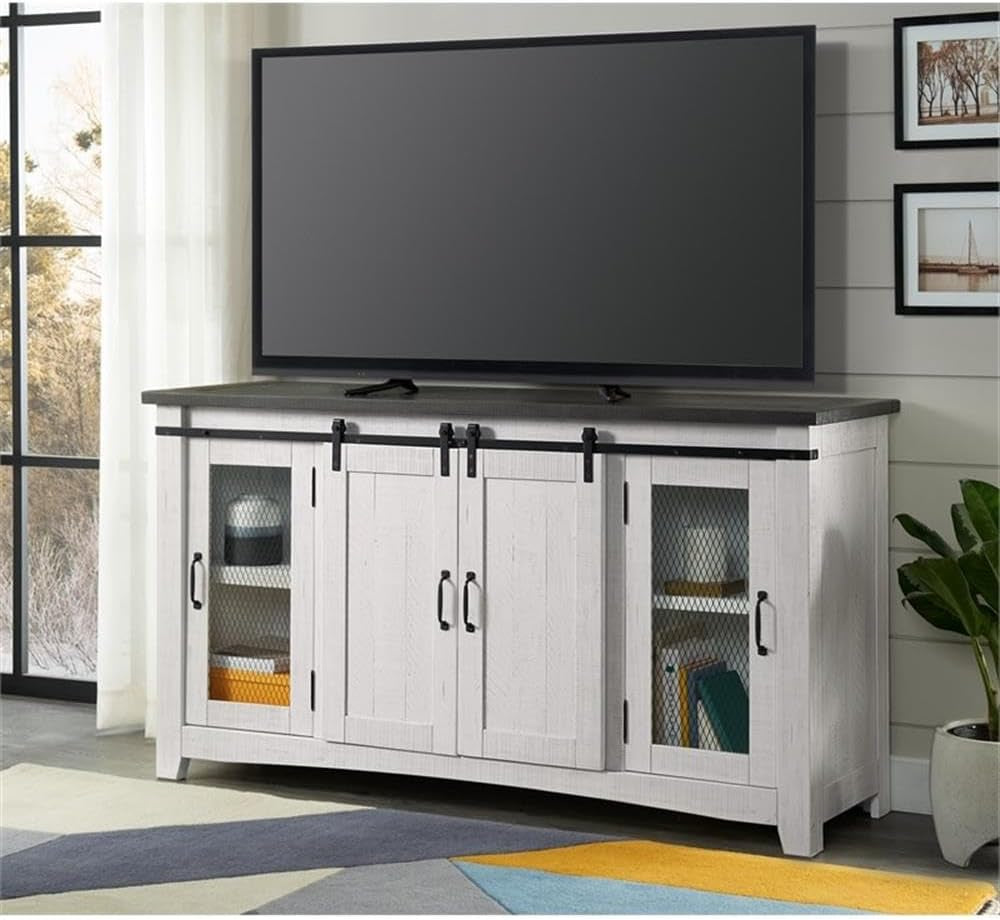 Martin Svensson Home 65" Solid Pine Wood Entertainment Center with Storage. Rustic TV Stand for Tvs up to 70." Sliding Doors, Adjustable Shelves & Cable Management – White and Grey Finish