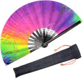 Bamboo Large Rave Folding Hand Fan for Men/Women - Chinese Japanese Handheld Fan with Fabric Case - for Electronic Dance Music Festival Party, Performance, Decorations, Gift (Iridescence)