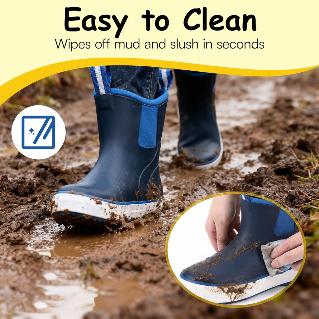 Waterproof Rubber Rain Boots for Big Kids - Youth Ankle Muck Boots, Non-Slip Natural Rubber Snow Shoes, Boys Girls Deck Boots for Mud Gardening Fishing Hunting Outdoor