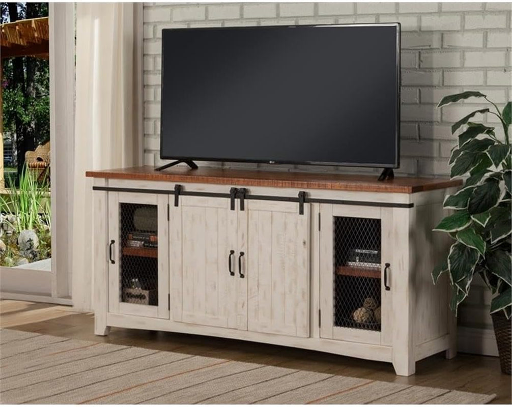 Martin Svensson Home 65" Solid Pine Wood Entertainment Center with Storage. Rustic TV Stand for Tvs up to 70." Sliding Doors, Adjustable Shelves & Cable Management – White and Honey Finish