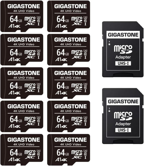 64GB Micro SD Card 10-Pack, A1 V30 4K Video Recording, Surveillance Security Cam Action Camera Drone Professional, 90Mb/S Micro SDXC UHS-I Class 10