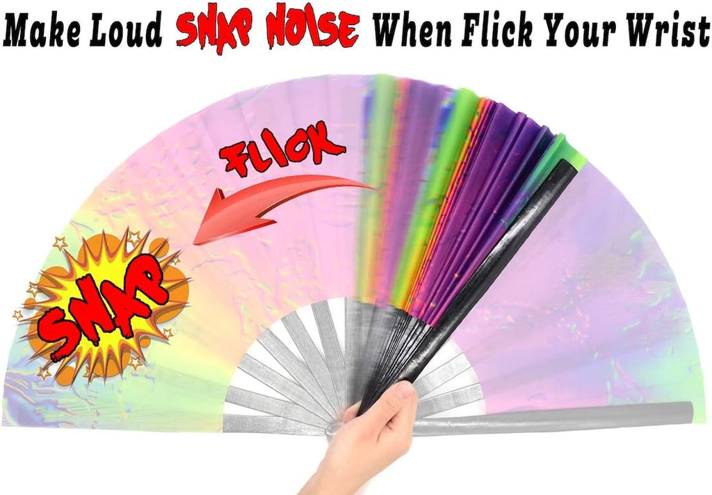 Bamboo Large Rave Folding Hand Fan for Men/Women - Chinese Japanese Handheld Fan with Fabric Case - for Electronic Dance Music Festival Party, Performance, Decorations, Gift (Iridescence)