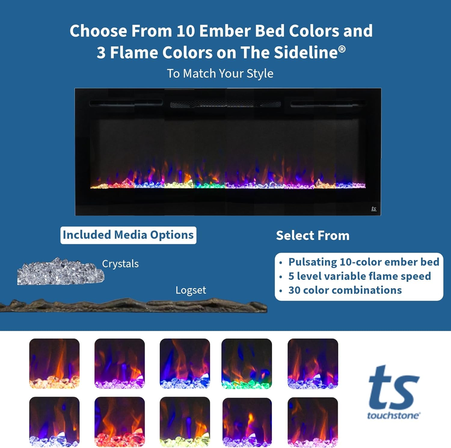 Smart Electric Fireplace-The Forte 40" Recessed Mounted-30 Realistic Ember Color/Flame Options-1,500W Heater W/Thermostat-Black-Log & Crystal Hearth Options-Alexa/Wifi Enabled