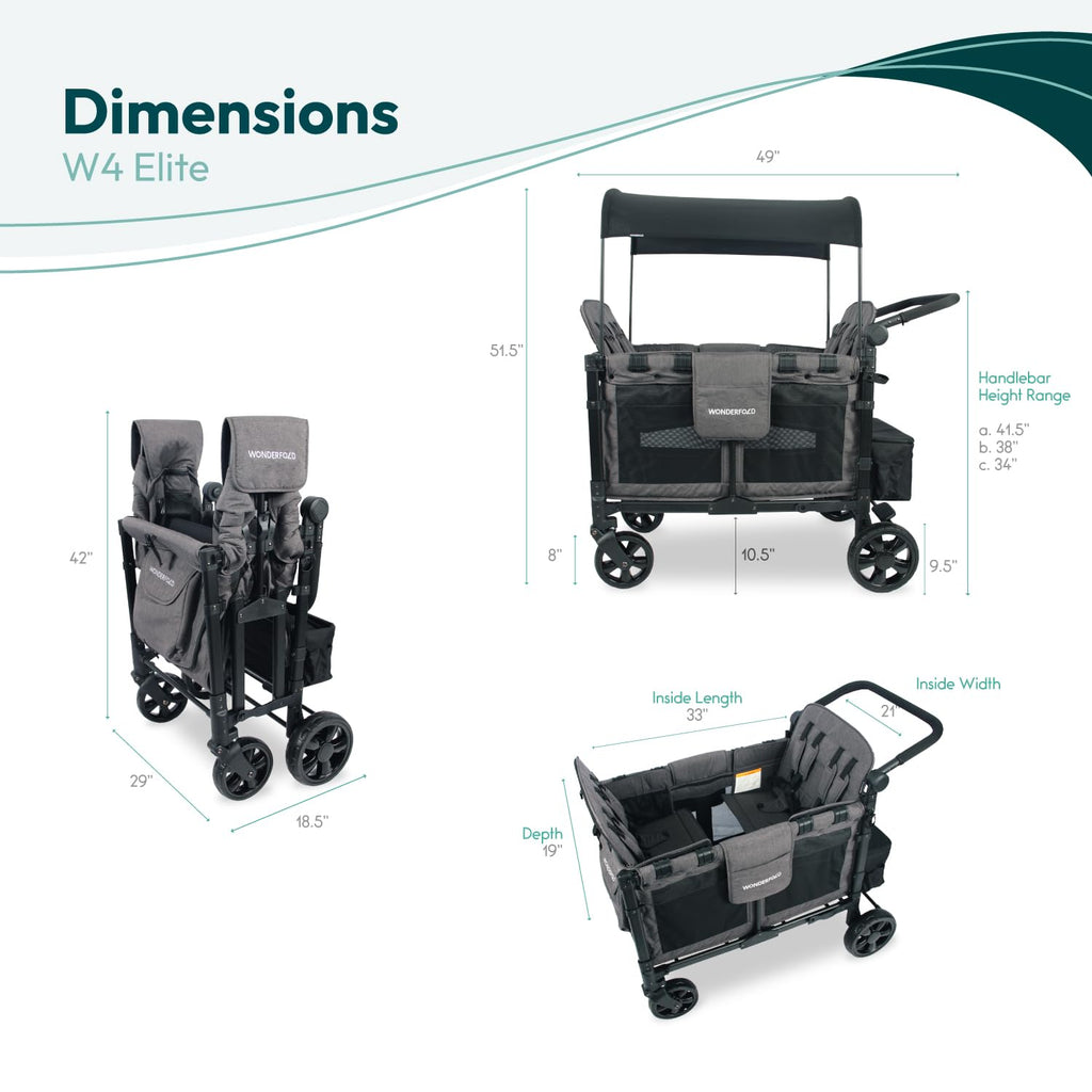 W4 Elite Stroller Wagon - Foldable Wagon with Steel Frame - Adjustable Canopy & Push Handle - All-Terrain Wheels - for Babies, Toddlers & Kids - 4 Seater - Gray