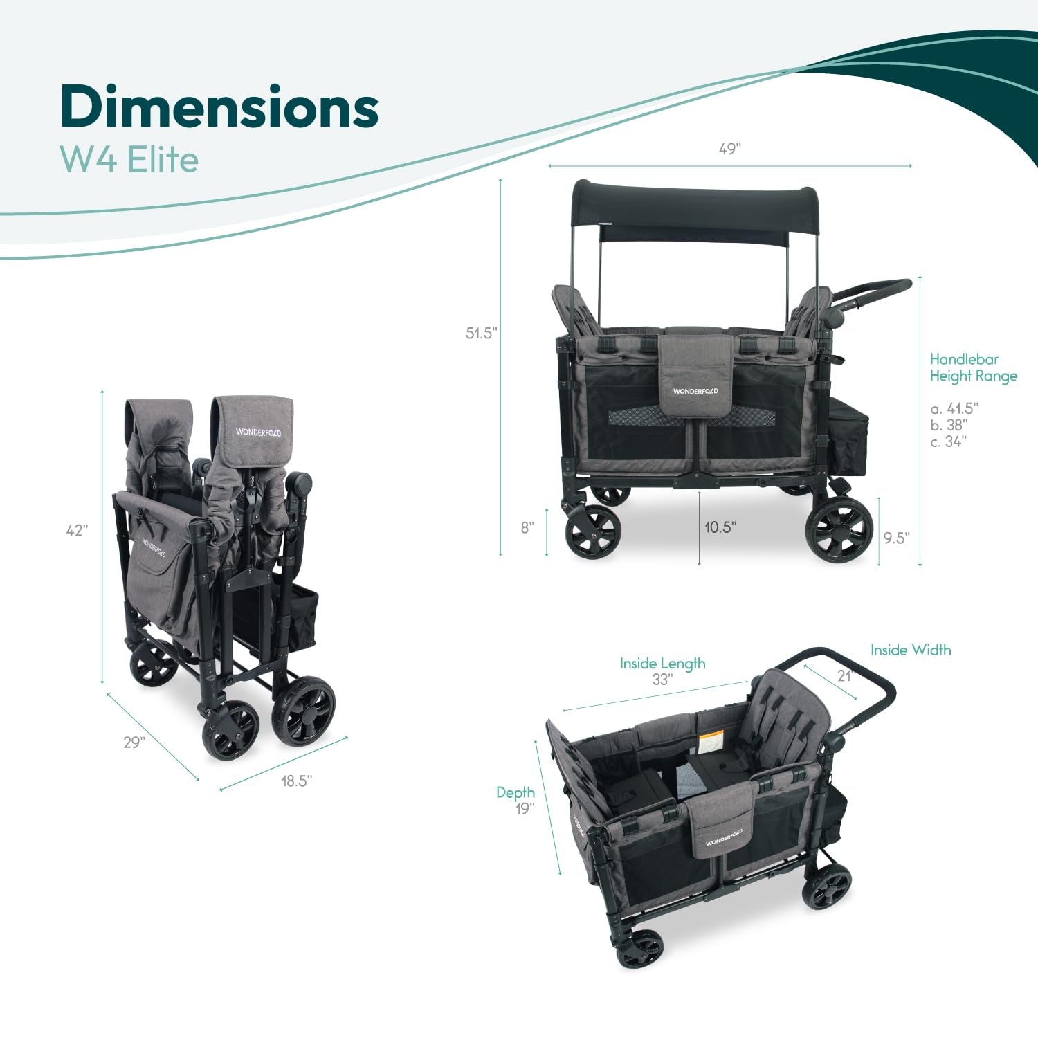 W4 Elite Stroller Wagon - Foldable Wagon with Steel Frame - Adjustable Canopy & Push Handle - All-Terrain Wheels - for Babies, Toddlers & Kids - 4 Seater - Gray