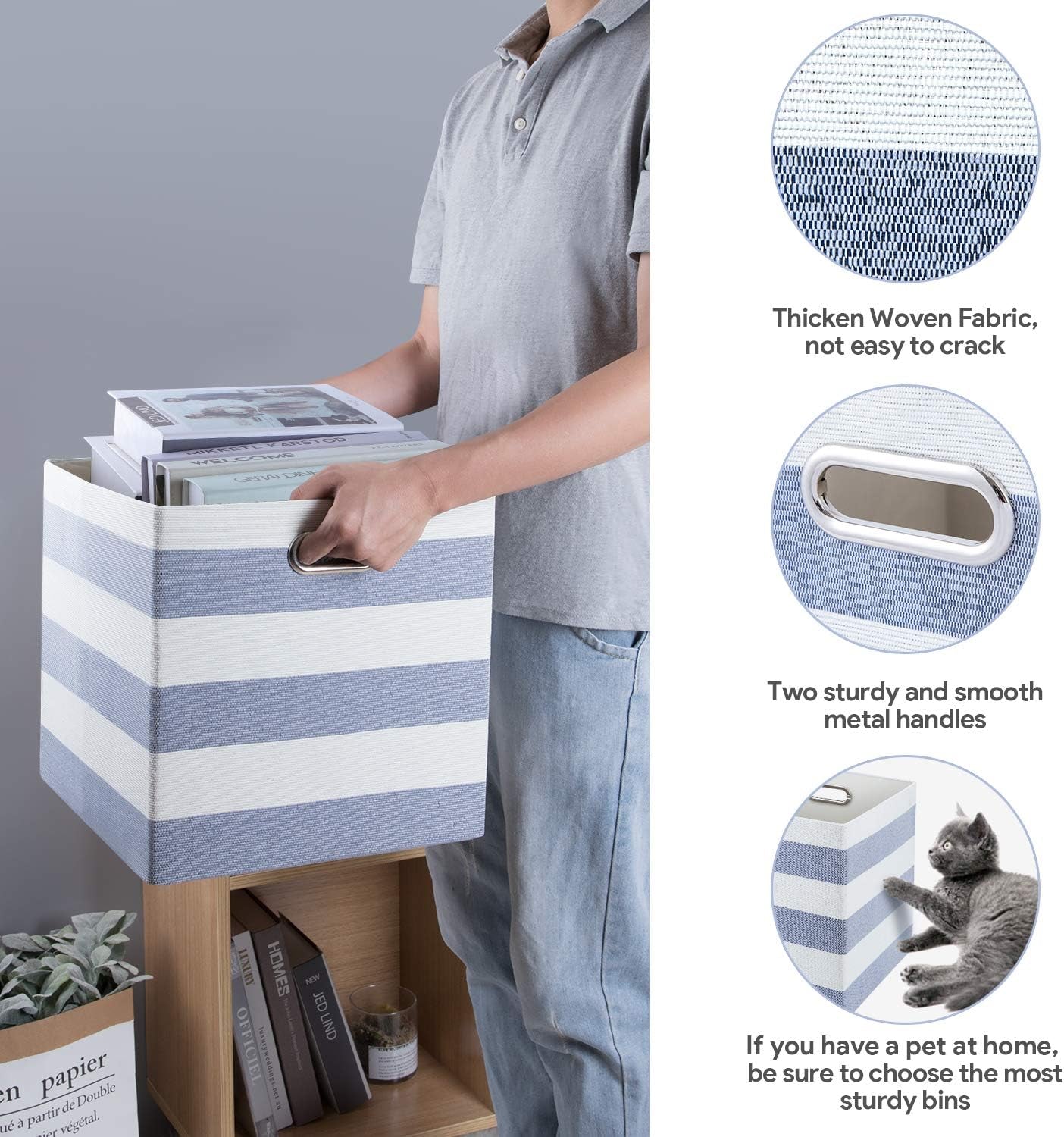 Collapsible Storage Bins,13×13 Fabric Storage Cubes Basket Containers Drawers for Nurseries,Offices,Closets (Set of 4, Blue-White Striped)