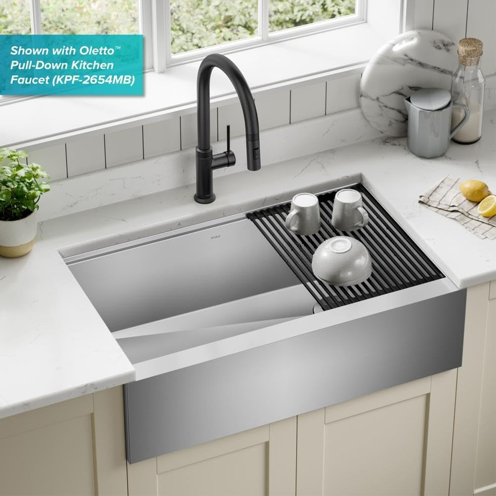 Kore 33-Inch Farmhouse Workstation 16 Gauge Single Bowl Stainless Steel Kitchen Sink with Accessories, KWF210-33