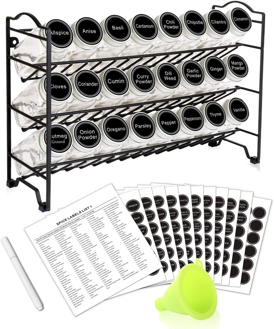 Spice Rack Organizer with 24 Empty Glass Spice Jars, 396 Spice Labels with Chalk Marker and Funnel Complete Set, for Countertop, Cabinet or Wall Mount, Black