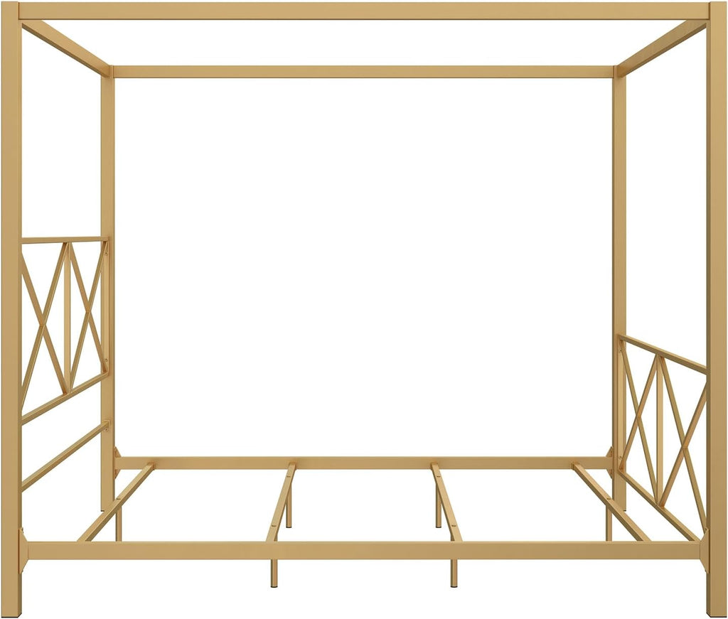 Rosedale Metal Canopy Bed Frame with Four Poster Design and Geometric Accented Headboard and Footboard, Underbed Storage Space, Full, Gold