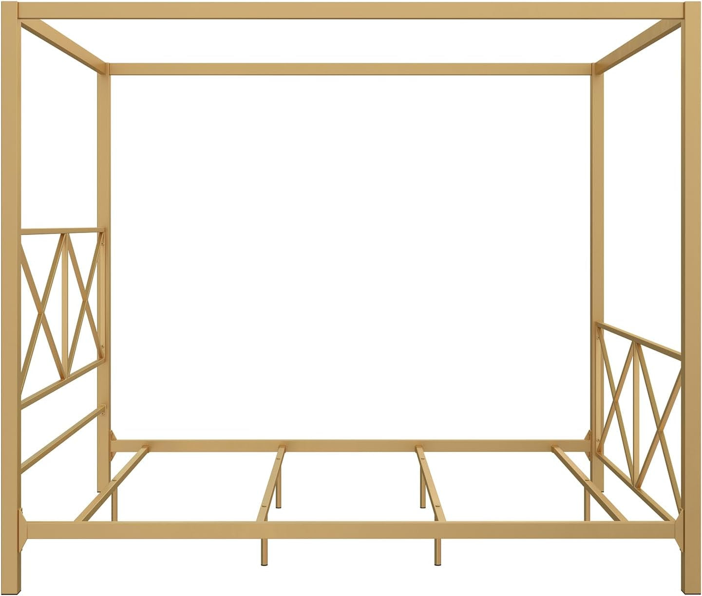 Rosedale Metal Canopy Bed Frame with Four Poster Design and Geometric Accented Headboard and Footboard, Underbed Storage Space, Full, Gold
