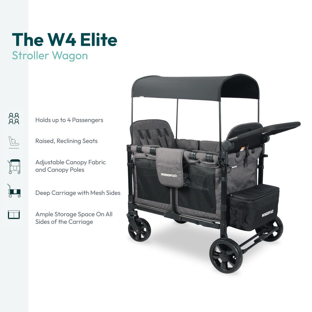 W4 Elite Stroller Wagon - Foldable Wagon with Steel Frame - Adjustable Canopy & Push Handle - All-Terrain Wheels - for Babies, Toddlers & Kids - 4 Seater - Gray