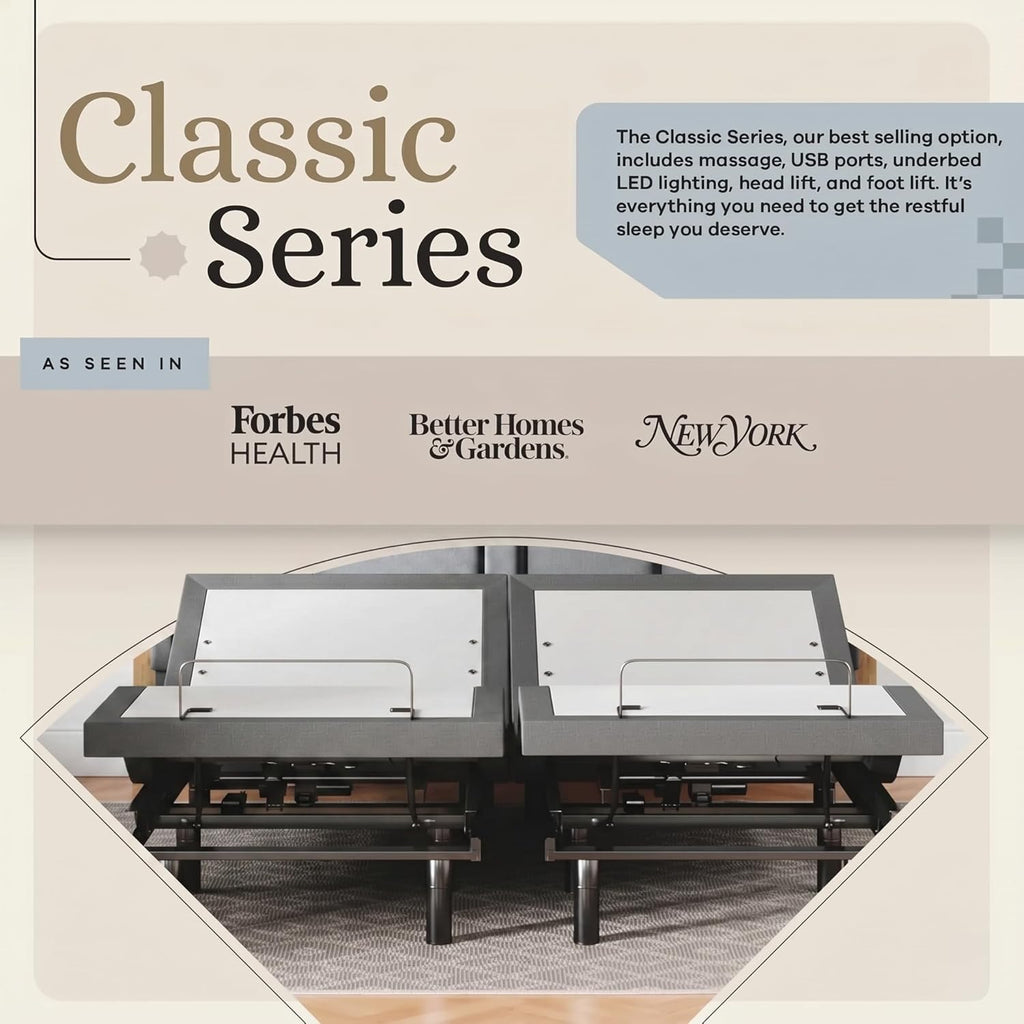 Classic Adjustable Bed Base, Head and Foot Lift, Massage, Under-Bed Lights, USB, Memory, Zero Gravity Smart Frame - King
