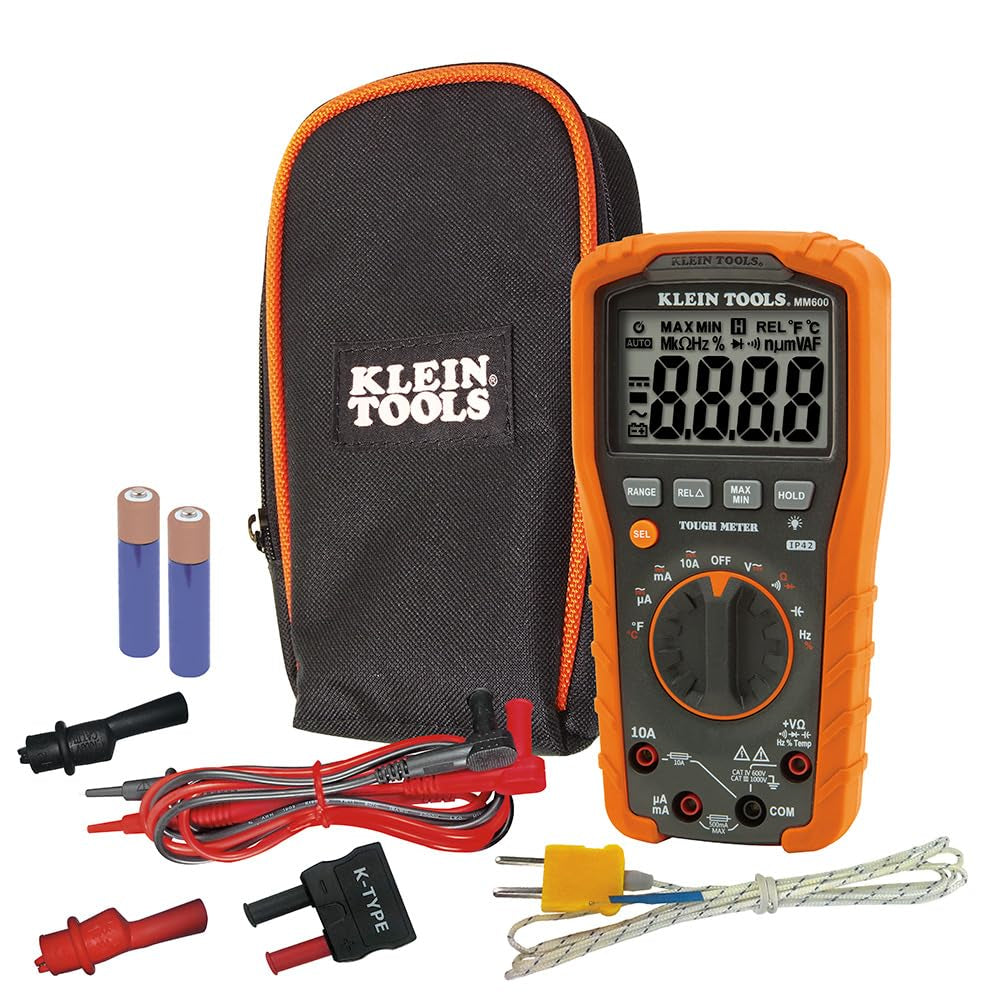 MM600 Multimeter, Digital Auto-Ranging, AC/DC Voltage and Current, Temperature, Frequency, Continuity, More, 1000V, Orange