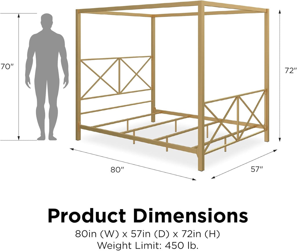Rosedale Metal Canopy Bed Frame with Four Poster Design and Geometric Accented Headboard and Footboard, Underbed Storage Space, Full, Gold