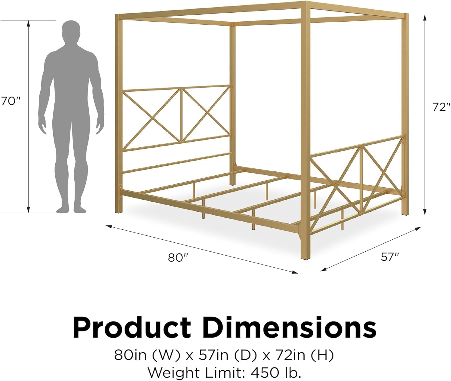 Rosedale Metal Canopy Bed Frame with Four Poster Design and Geometric Accented Headboard and Footboard, Underbed Storage Space, Full, Gold