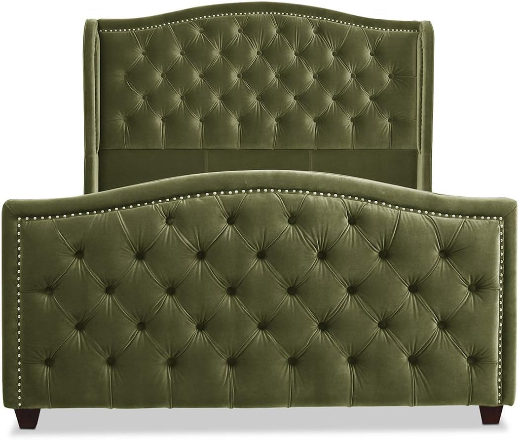 Jennifer Taylor Home Marcella Upholstered Shelter Headboard Bed Set, Queen, Olive Green Performance Velvet