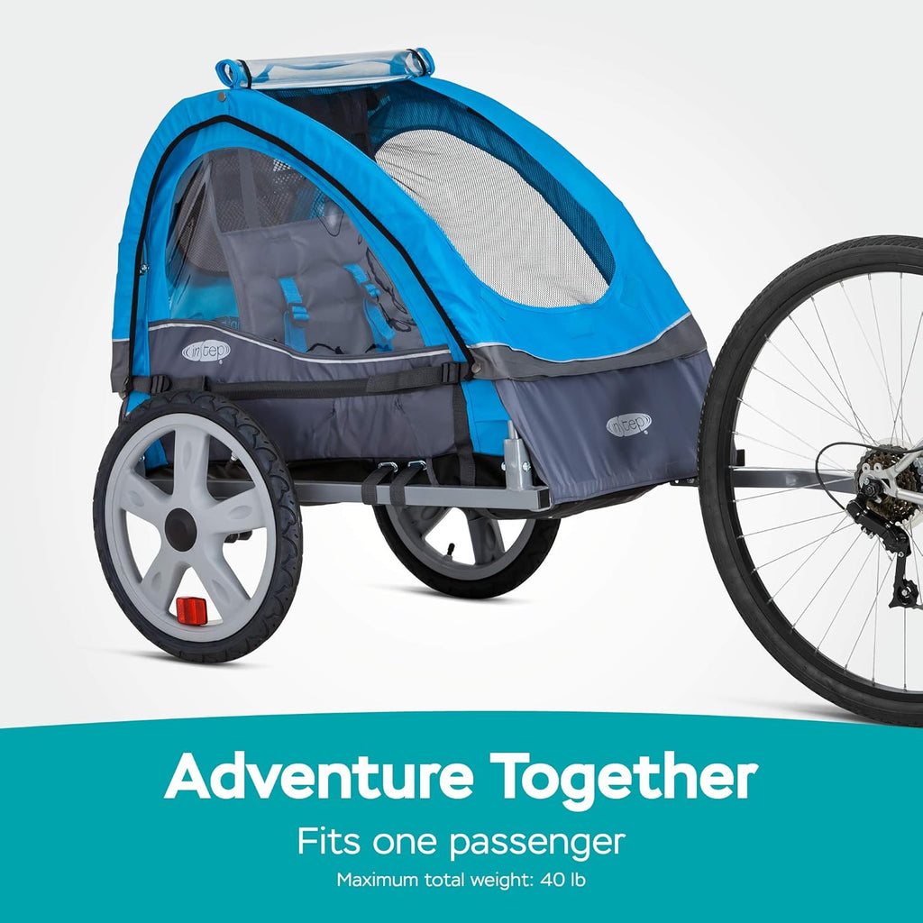 Sync Single Seat Bike Child Trailer, Max Weight 40 Lbs., 5-Point Harness, Folding Frame, Quick Release Wheels, Easy Storage, Bug Screen & Weather Shield, Blue