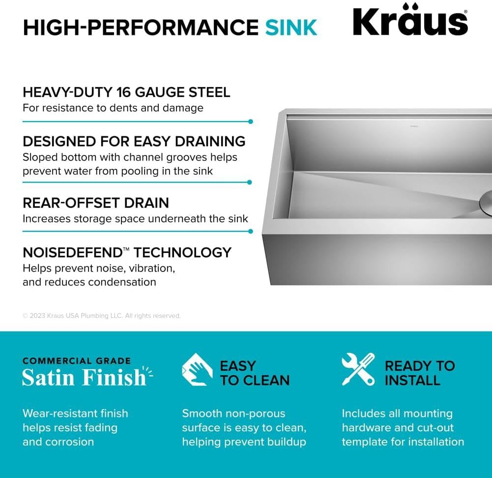 Kore 33-Inch Farmhouse Workstation 16 Gauge Single Bowl Stainless Steel Kitchen Sink with Accessories, KWF210-33