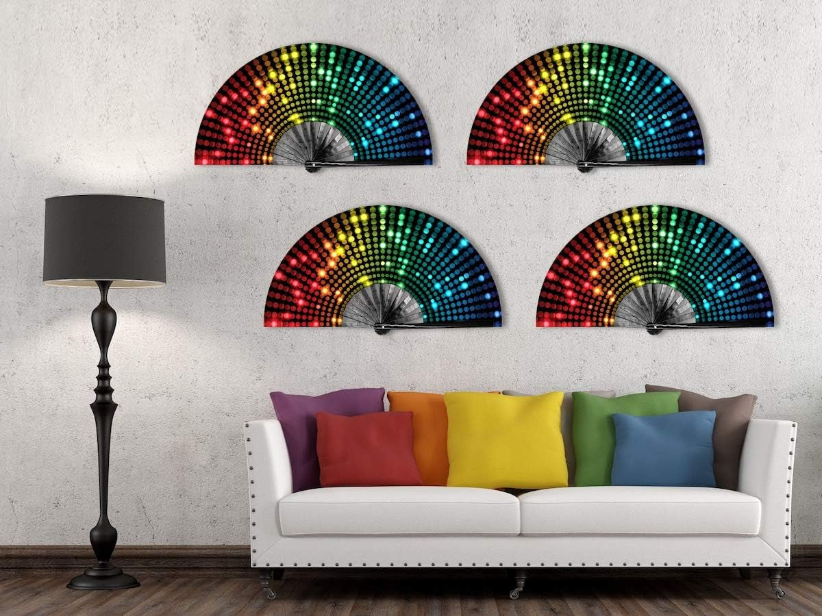 Large Rave Clack Popping Fan for Line Dancing - Boots on the Ground Folding Hand Fan - for EDM, Music Festival, Hot Flashes, Party, Decoration (Disco Lights Dots)