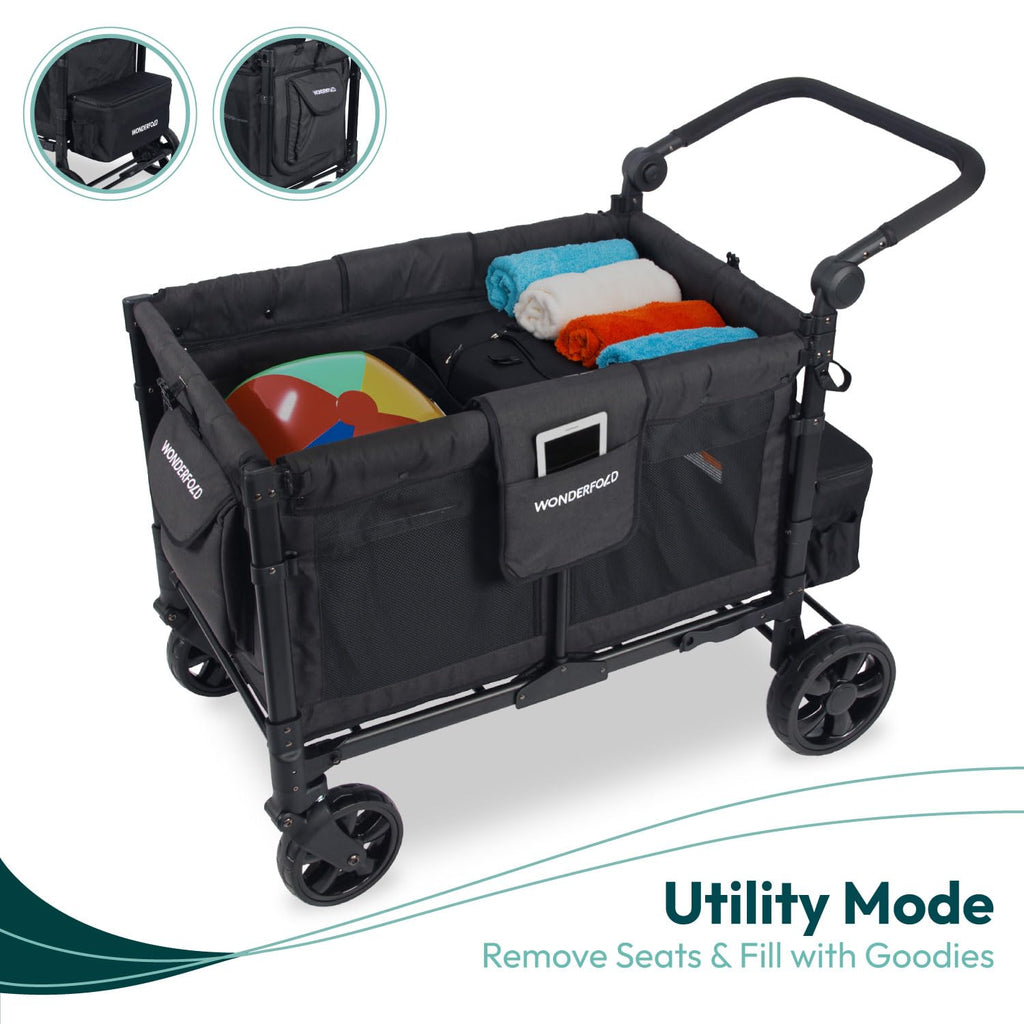 W4 Elite Stroller Wagon - Foldable Wagon with Steel Frame - Adjustable Canopy & Push Handle - All-Terrain Wheels - for Babies, Toddlers & Kids - 4 Seater - Gray