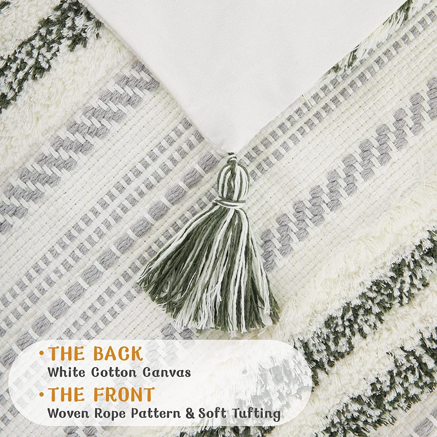 Summer Decorative Boho Throw Pillow Cover 12X20, Lumbar Accent Neutral Textured Tufted Pillow Cover Striped for Couch Bed Sofa, Green and Cream White, Pack of 1