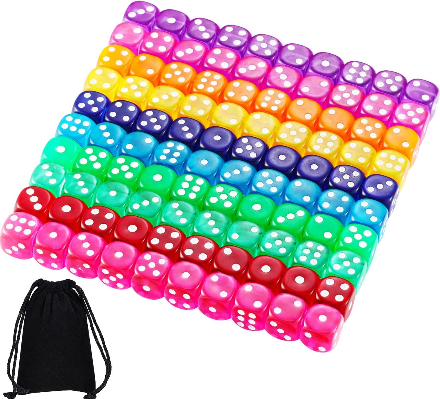 6-Sided Games Dice Set, Colored Dice with Black Velvet Pouches for Playing Games, like Board Games, Dice Games, Math Games, Party Favors and More (Rainbow Color, 14 Mm)
