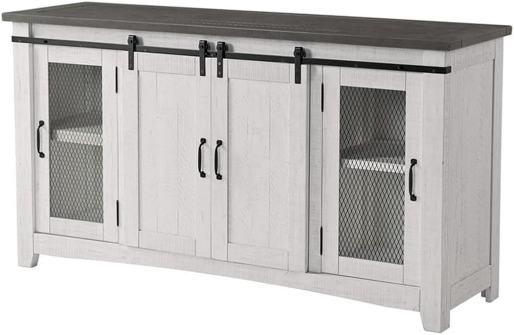 Martin Svensson Home 65" Solid Pine Wood Entertainment Center with Storage. Rustic TV Stand for Tvs up to 70." Sliding Doors, Adjustable Shelves & Cable Management – White and Grey Finish