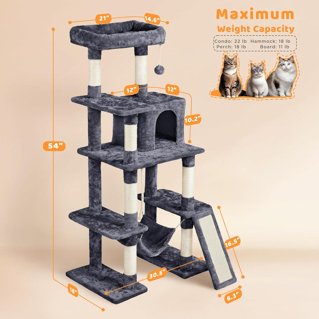 54In Cat Tree Tower, Multi-Level Pet Stand Furniture with Hammock Scratching Posts Condo Extended Platform for Indoor Cats Large to Play and Sleep