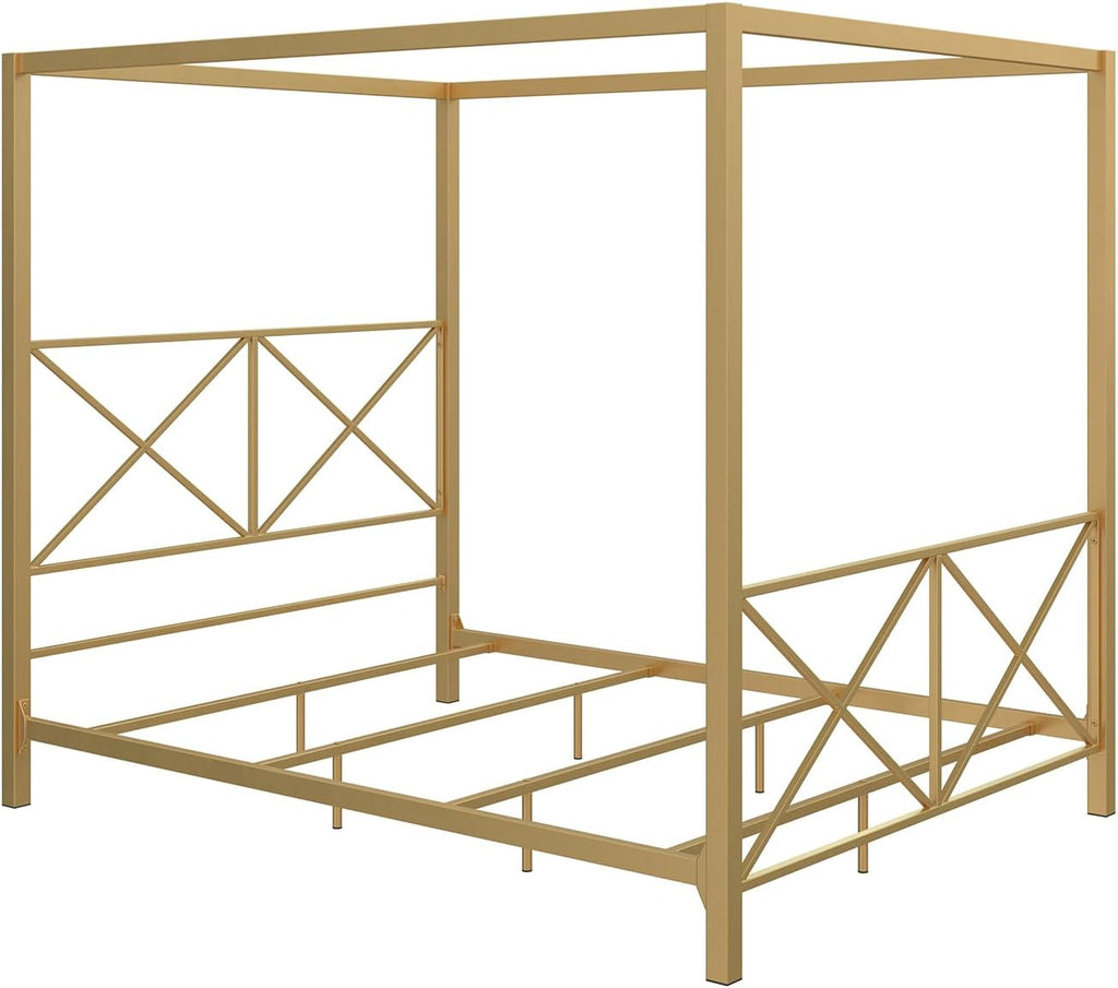 Rosedale Metal Canopy Bed Frame with Four Poster Design and Geometric Accented Headboard and Footboard, Underbed Storage Space, Full, Gold