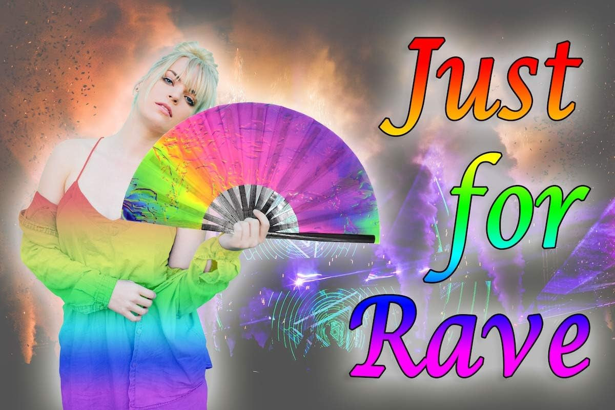 Bamboo Large Rave Folding Hand Fan for Men/Women - Chinese Japanese Handheld Fan with Fabric Case - for Electronic Dance Music Festival Party, Performance, Decorations, Gift (Iridescence)