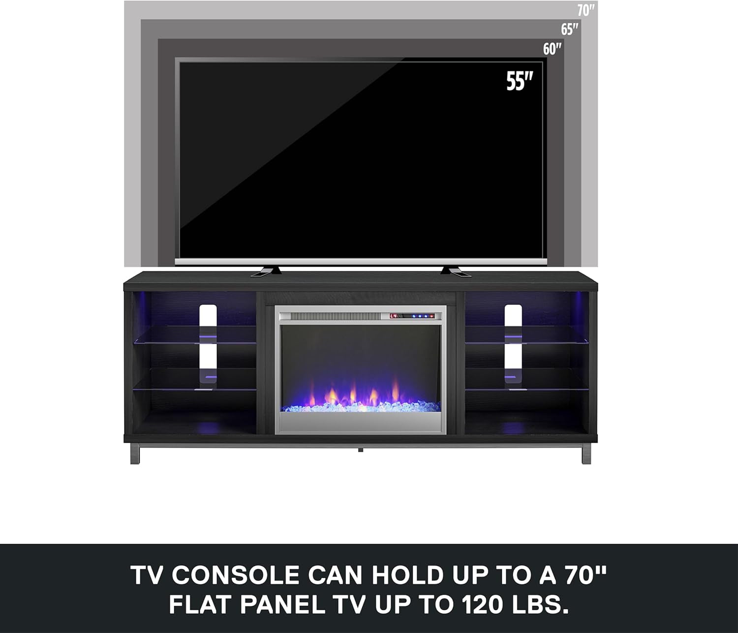 Lumina Fireplace TV Stand, Black Oak, Holds Tvs up to 70", Modern Entertainment Center with RGB LED Lights
