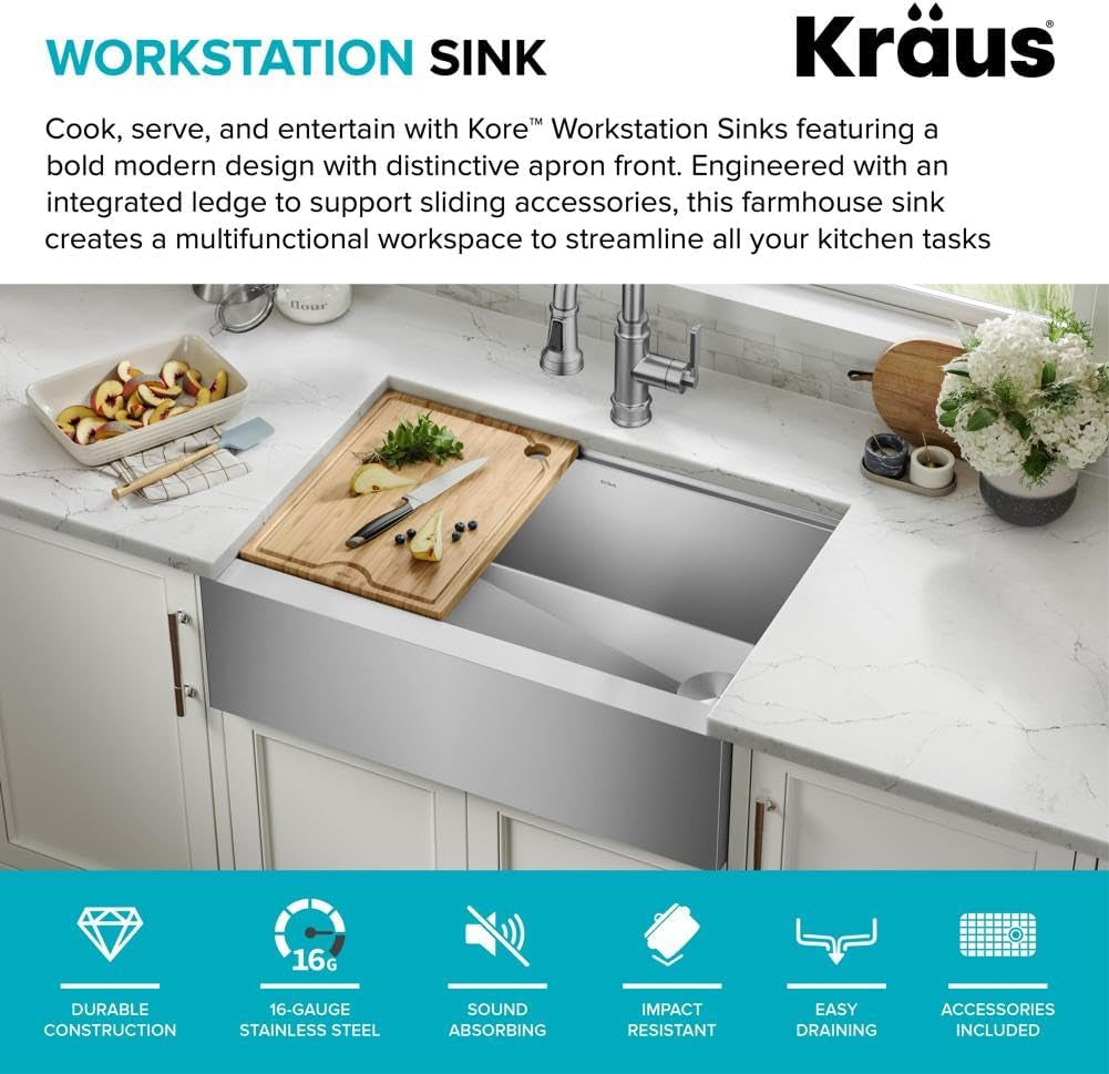 Kore 30-Inch Farmhouse Workstation with in Sink Dish Drying Rack, Stainless Steel Kitchen Sink, KWF410-30