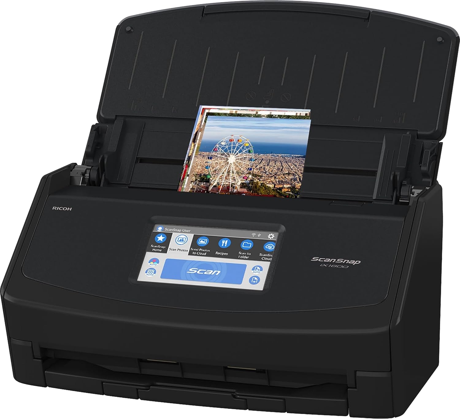 Ix1600 Wireless or USB High-Speed Cloud Enabled Document, Photo & Receipt Scanner with Large Touchscreen and Auto Document Feeder for Mac or PC, 17 Watts, Black