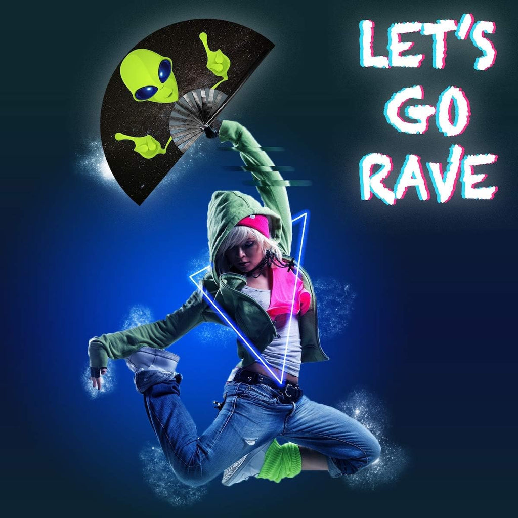 Rave Clack Hand Fan for Men/Women - Large Chinese Japanese Bamboo Folding Handheld Fan - for EDM, Music Festival, Club, Event, Party, Dance, Performance, Decoration, Gift (Alien)