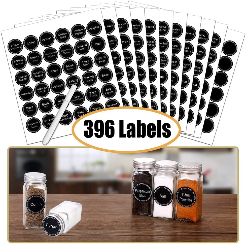 Spice Rack Organizer with 24 Empty Glass Spice Jars, 396 Spice Labels with Chalk Marker and Funnel Complete Set, for Countertop, Cabinet or Wall Mount, Black