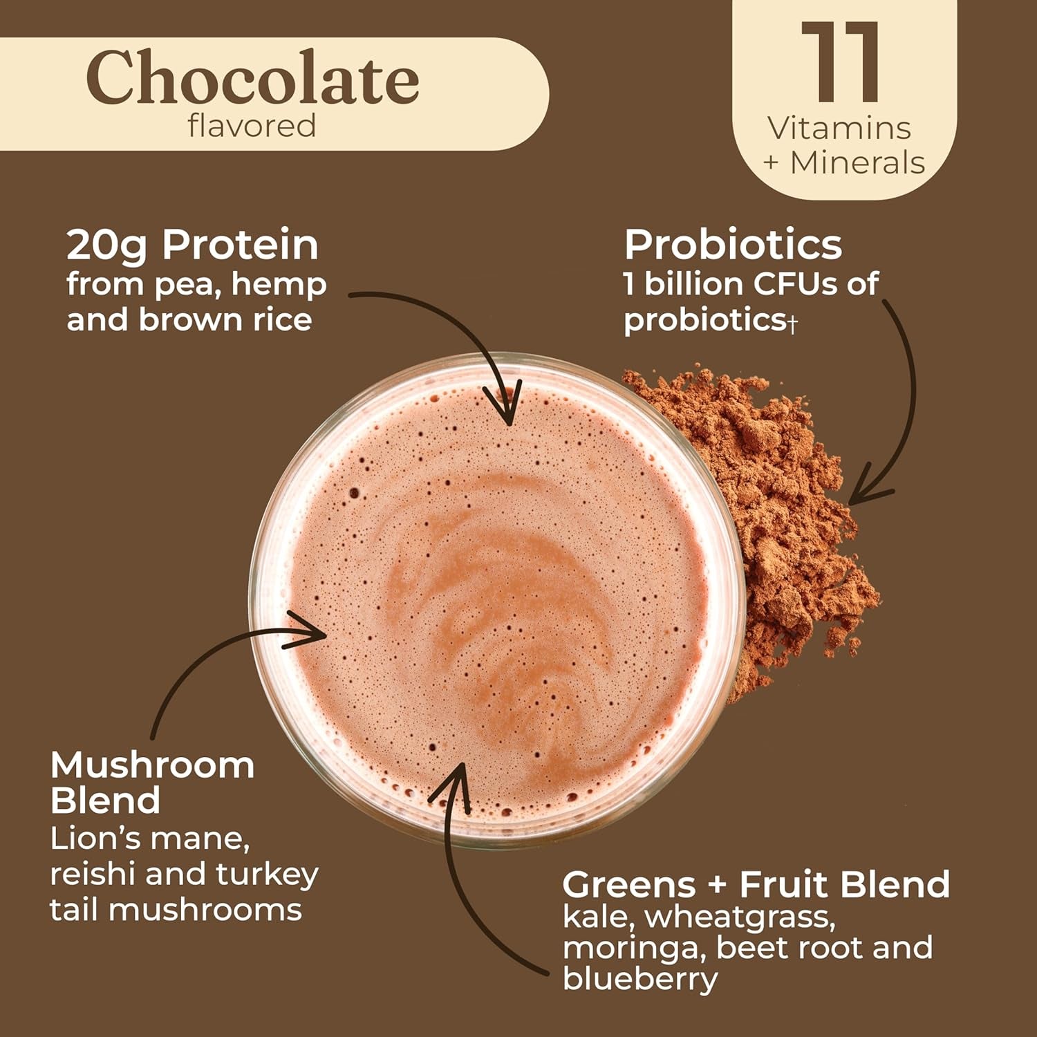 Organic Plant-Based Protein Powder | Clean Vegan Protein Elevated with Lion’S Mane, Chaga, Cordyceps and More for Brain Function and Immune Support | Creamy Cacao, 21.16 Oz