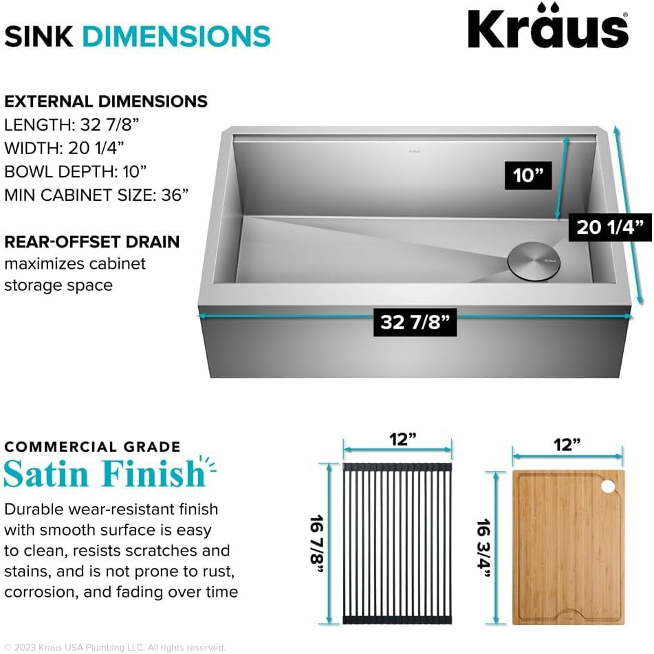 Kore 33-Inch Farmhouse Workstation 16 Gauge Single Bowl Stainless Steel Kitchen Sink with Accessories, KWF210-33