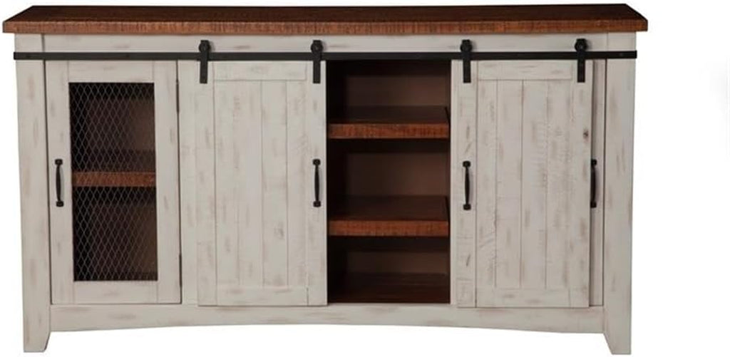 Martin Svensson Home 65" Solid Pine Wood Entertainment Center with Storage. Rustic TV Stand for Tvs up to 70." Sliding Doors, Adjustable Shelves & Cable Management – White and Honey Finish