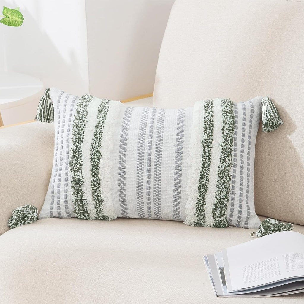 Summer Decorative Boho Throw Pillow Cover 12X20, Lumbar Accent Neutral Textured Tufted Pillow Cover Striped for Couch Bed Sofa, Green and Cream White, Pack of 1