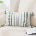 Summer Decorative Boho Throw Pillow Cover 12X20, Lumbar Accent Neutral Textured Tufted Pillow Cover Striped for Couch Bed Sofa, Green and Cream White, Pack of 1