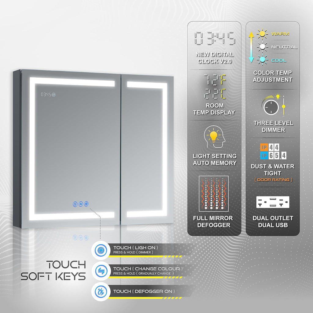 LED Mirror Medicine Cabinet Recessed or Surface, Defogger, Dimmer, Clock, Room Temp Display, Makeup Mirror 3X, Outlets & Usbs (Rubini 36X32)