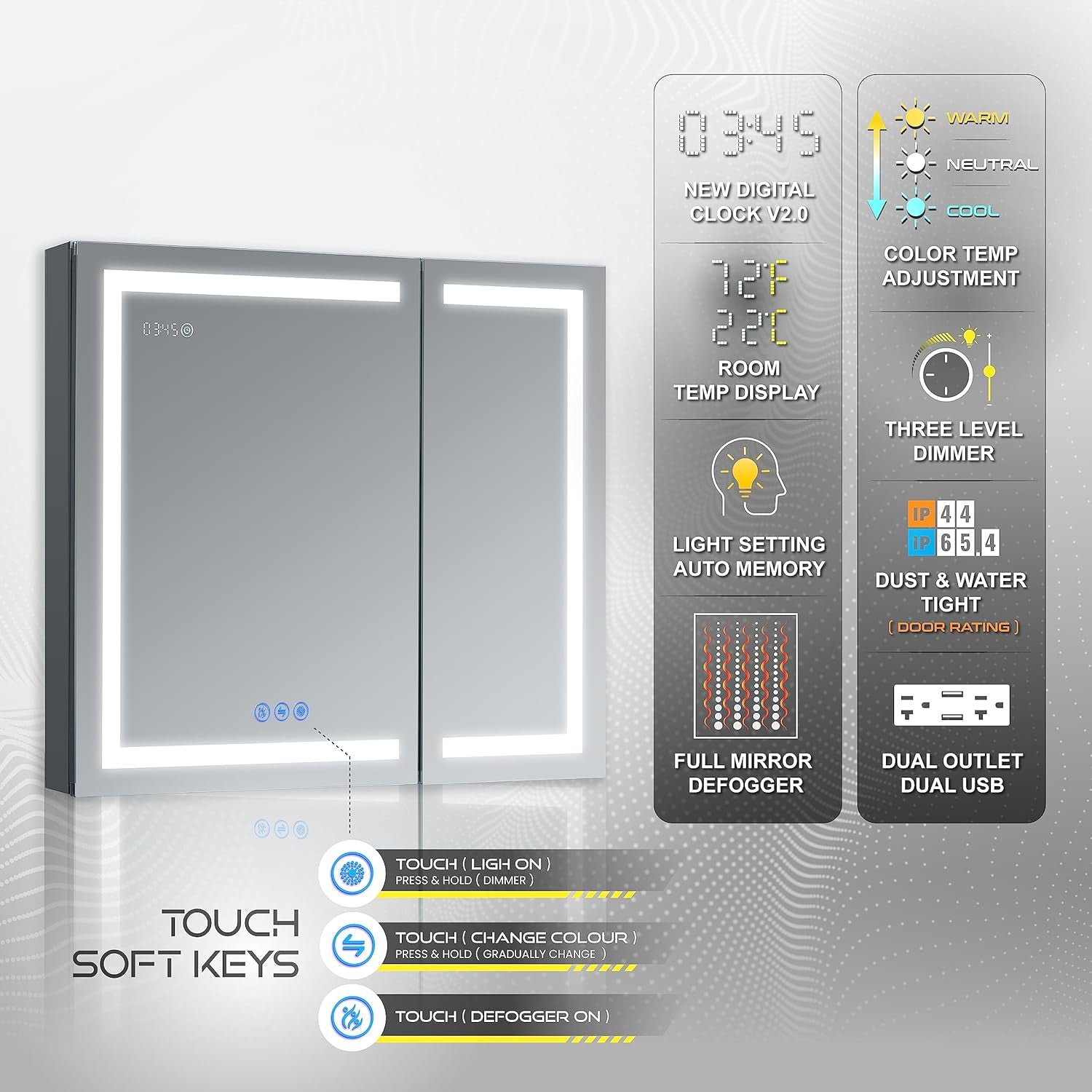 LED Mirror Medicine Cabinet Recessed or Surface, Defogger, Dimmer, Clock, Room Temp Display, Makeup Mirror 3X, Outlets & Usbs (Rubini 36X32)