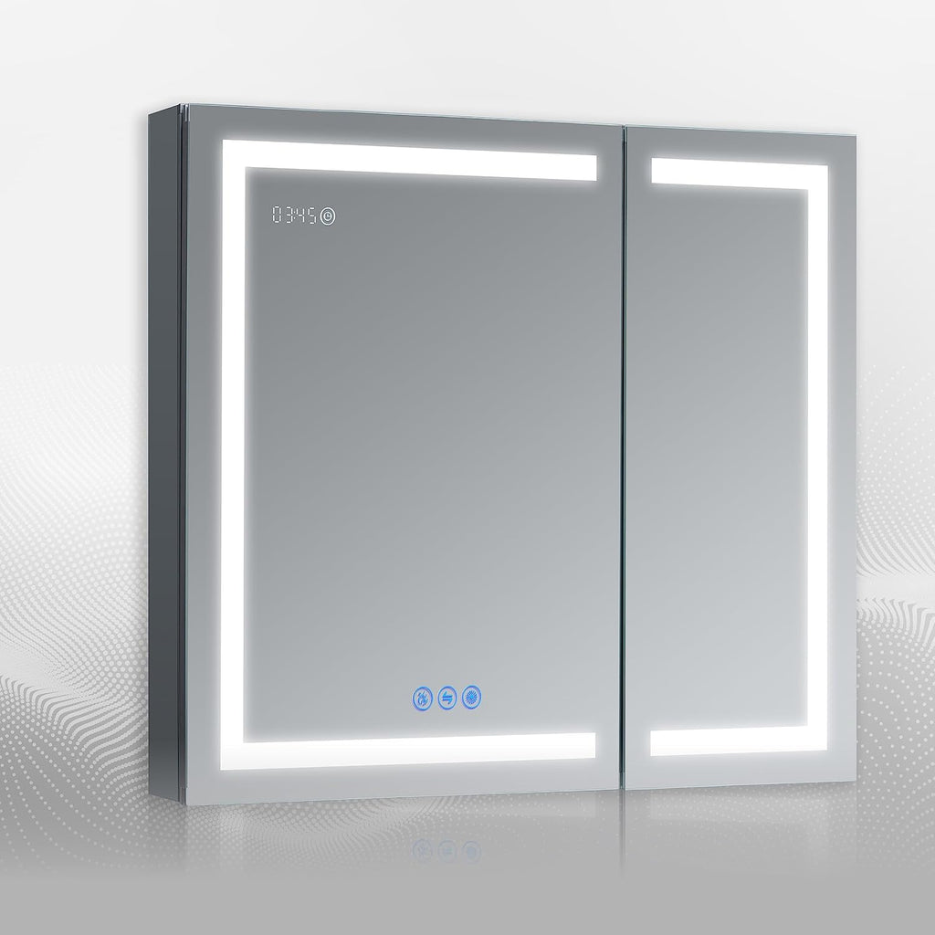 LED Mirror Medicine Cabinet Recessed or Surface, Defogger, Dimmer, Clock, Room Temp Display, Makeup Mirror 3X, Outlets & Usbs (Rubini 36X32)