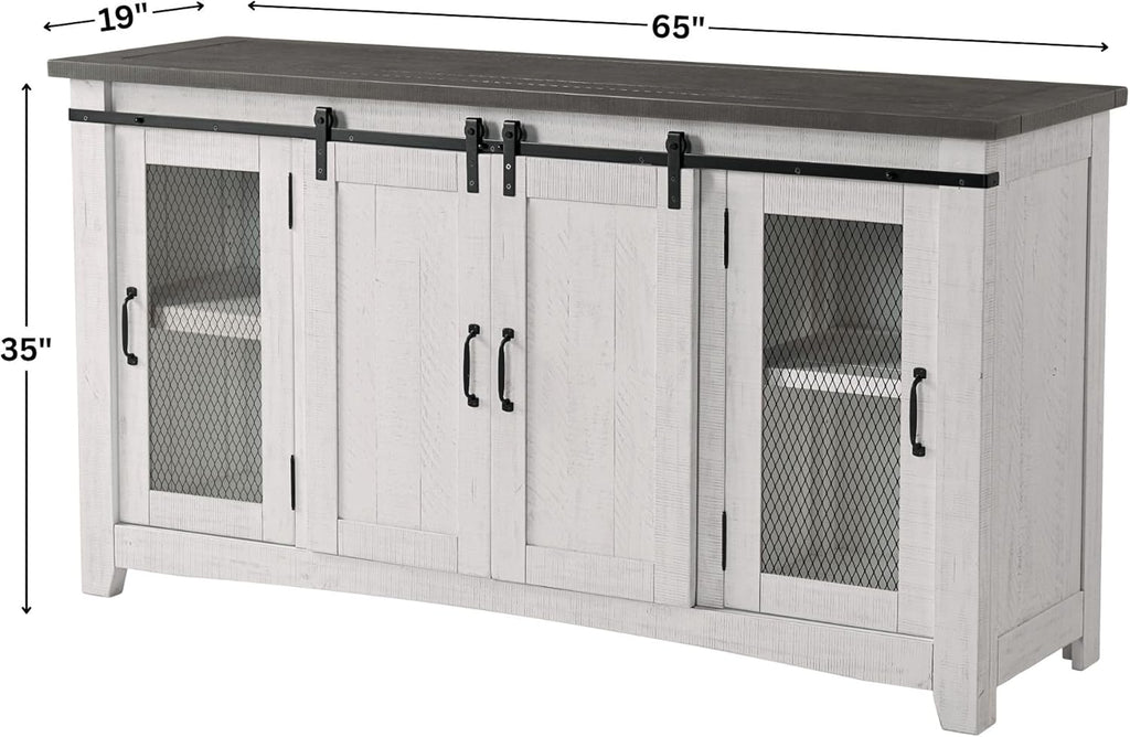 Martin Svensson Home 65" Solid Pine Wood Entertainment Center with Storage. Rustic TV Stand for Tvs up to 70." Sliding Doors, Adjustable Shelves & Cable Management – White and Grey Finish