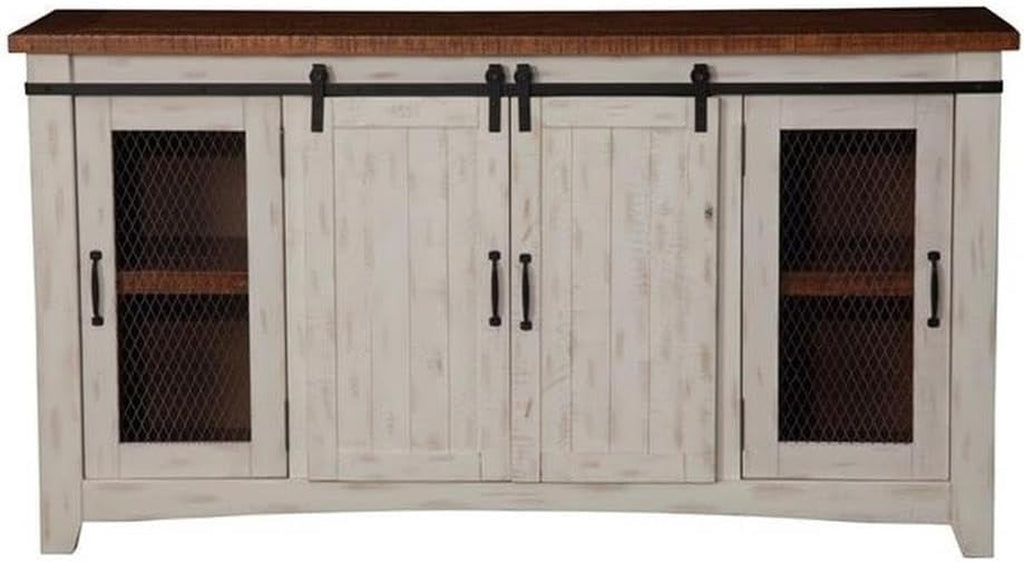 Martin Svensson Home 65" Solid Pine Wood Entertainment Center with Storage. Rustic TV Stand for Tvs up to 70." Sliding Doors, Adjustable Shelves & Cable Management – White and Honey Finish